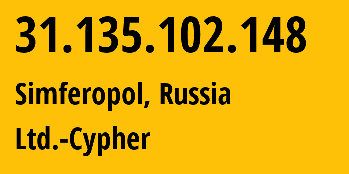 IP-адрес 31.135.102.148 (Симферополь, Республика Крым, Россия) определить местоположение, координаты на карте, ISP провайдер AS42239 Ltd.-Cypher // кто провайдер айпи-адреса 31.135.102.148