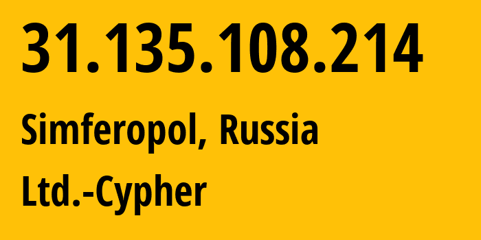 IP address 31.135.108.214 (Simferopol, Crimea, Russia) get location, coordinates on map, ISP provider AS42239 Ltd.-Cypher // who is provider of ip address 31.135.108.214, whose IP address