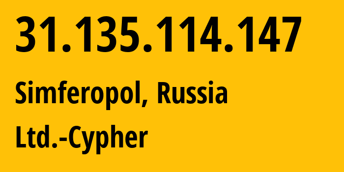 IP-адрес 31.135.114.147 (Симферополь, Республика Крым, Россия) определить местоположение, координаты на карте, ISP провайдер AS42239 Ltd.-Cypher // кто провайдер айпи-адреса 31.135.114.147