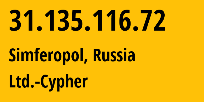 IP-адрес 31.135.116.72 (Симферополь, Республика Крым, Россия) определить местоположение, координаты на карте, ISP провайдер AS42239 Ltd.-Cypher // кто провайдер айпи-адреса 31.135.116.72