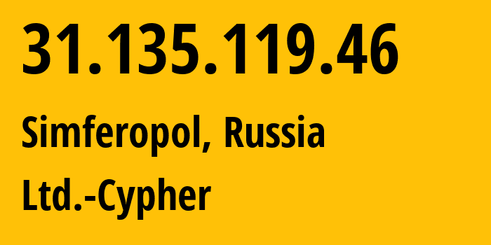 IP address 31.135.119.46 (Simferopol, Crimea, Russia) get location, coordinates on map, ISP provider AS42239 Ltd.-Cypher // who is provider of ip address 31.135.119.46, whose IP address