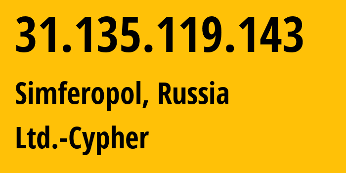 IP address 31.135.119.143 (Simferopol, Crimea, Russia) get location, coordinates on map, ISP provider AS42239 Ltd.-Cypher // who is provider of ip address 31.135.119.143, whose IP address