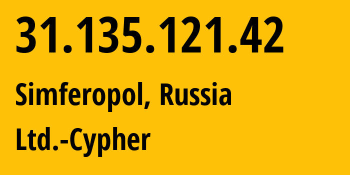 IP address 31.135.121.42 (Simferopol, Crimea, Russia) get location, coordinates on map, ISP provider AS42239 Ltd.-Cypher // who is provider of ip address 31.135.121.42, whose IP address