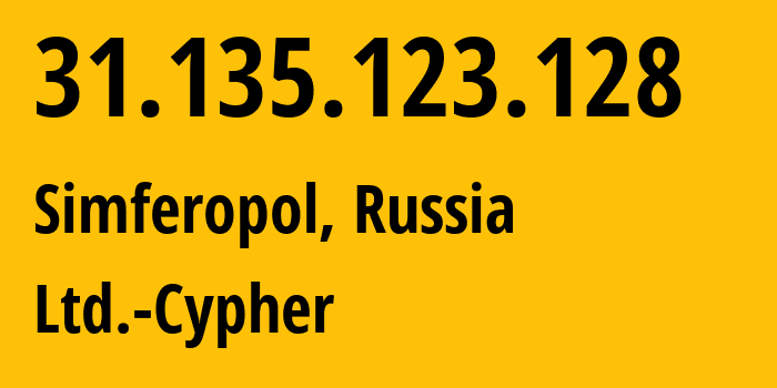 IP address 31.135.123.128 (Simferopol, Crimea, Russia) get location, coordinates on map, ISP provider AS42239 Ltd.-Cypher // who is provider of ip address 31.135.123.128, whose IP address