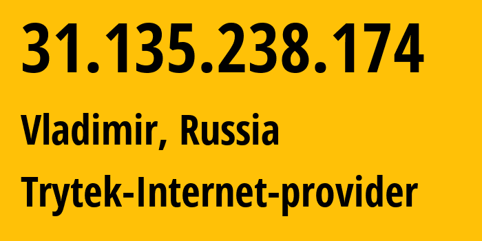 IP-адрес 31.135.238.174 (Владимир, Владимирская область, Россия) определить местоположение, координаты на карте, ISP провайдер AS44056 Trytek-Internet-provider // кто провайдер айпи-адреса 31.135.238.174