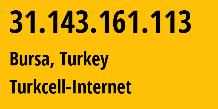 IP-адрес 31.143.161.113 (Бурса, Бурса, Турция) определить местоположение, координаты на карте, ISP провайдер AS16135 Turkcell-Internet // кто провайдер айпи-адреса 31.143.161.113