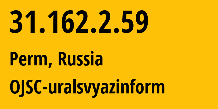 IP-адрес 31.162.2.59 (Пермь, Пермский край, Россия) определить местоположение, координаты на карте, ISP провайдер AS12389 OJSC-uralsvyazinform // кто провайдер айпи-адреса 31.162.2.59