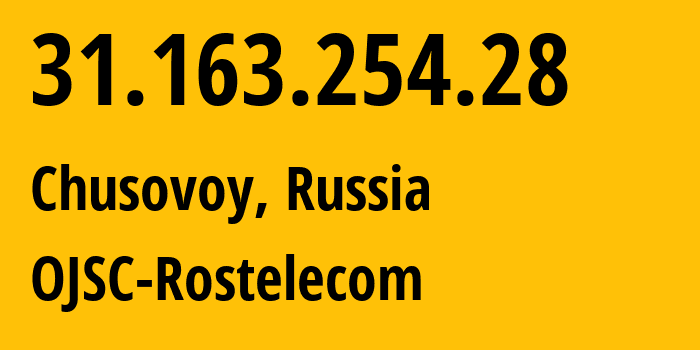 IP-адрес 31.163.254.28 (Чусовой, Пермский край, Россия) определить местоположение, координаты на карте, ISP провайдер AS12389 OJSC-Rostelecom // кто провайдер айпи-адреса 31.163.254.28