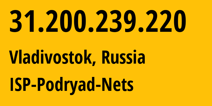 IP address 31.200.239.220 (Vladivostok, Primorye, Russia) get location, coordinates on map, ISP provider AS196949 ISP-Podryad-Nets // who is provider of ip address 31.200.239.220, whose IP address