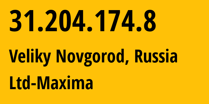 IP-адрес 31.204.174.8 (Великий Новгород, Новгородская Область, Россия) определить местоположение, координаты на карте, ISP провайдер AS39578 Ltd-Maxima // кто провайдер айпи-адреса 31.204.174.8