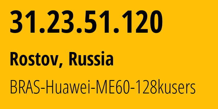 IP address 31.23.51.120 (Rostov, Yaroslavl Oblast, Russia) get location, coordinates on map, ISP provider AS12389 BRAS-Huawei-ME60-128kusers // who is provider of ip address 31.23.51.120, whose IP address