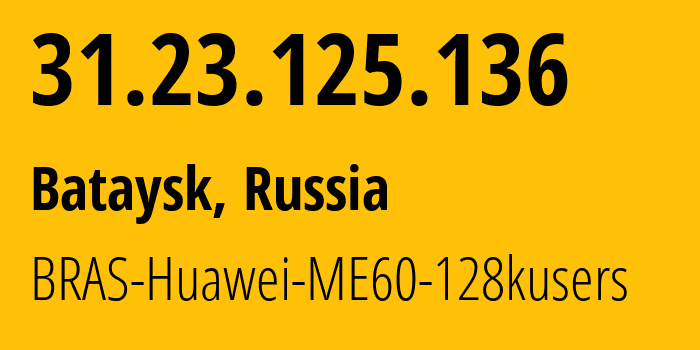 IP address 31.23.125.136 (Bataysk, Rostov Oblast, Russia) get location, coordinates on map, ISP provider AS12389 BRAS-Huawei-ME60-128kusers // who is provider of ip address 31.23.125.136, whose IP address