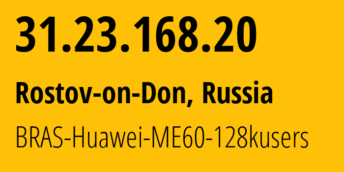 IP-адрес 31.23.168.20 (Ростов-на-Дону, Ростовская Область, Россия) определить местоположение, координаты на карте, ISP провайдер AS12389 BRAS-Huawei-ME60-128kusers // кто провайдер айпи-адреса 31.23.168.20