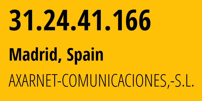 IP address 31.24.41.166 (Madrid, Madrid, Spain) get location, coordinates on map, ISP provider AS50926 AXARNET-COMUNICACIONES,-S.L. // who is provider of ip address 31.24.41.166, whose IP address