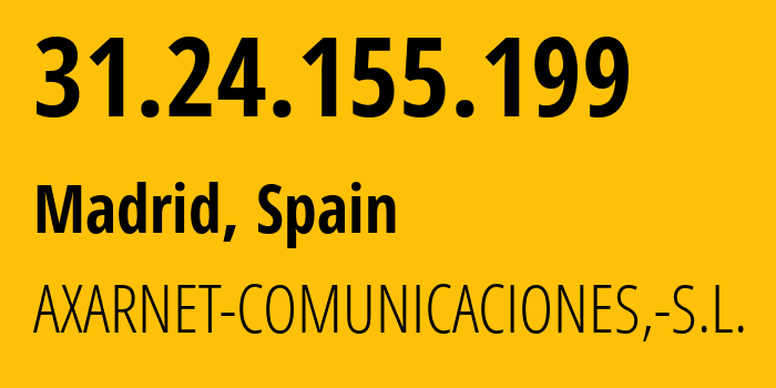 IP address 31.24.155.199 (Madrid, Madrid, Spain) get location, coordinates on map, ISP provider AS50926 AXARNET-COMUNICACIONES,-S.L. // who is provider of ip address 31.24.155.199, whose IP address