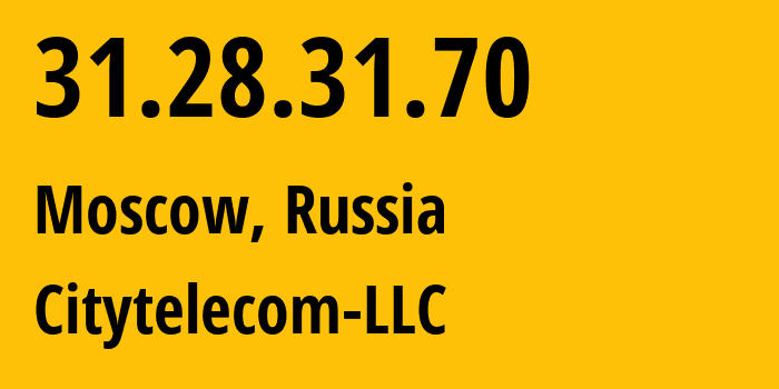 IP address 31.28.31.70 (Moscow, Moscow, Russia) get location, coordinates on map, ISP provider AS29076 Citytelecom-LLC // who is provider of ip address 31.28.31.70, whose IP address