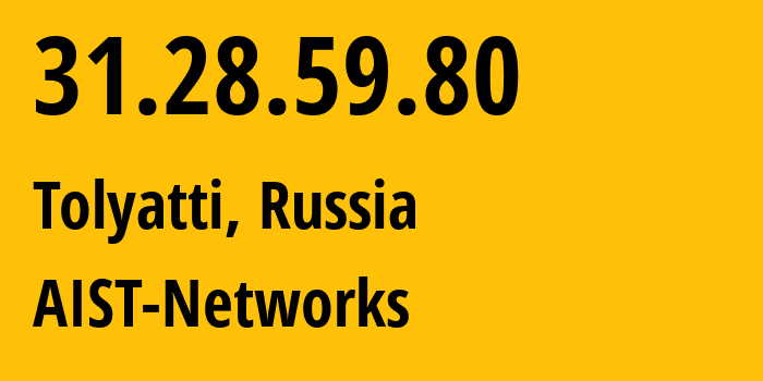 IP-адрес 31.28.59.80 (Тольятти, Самарская Область, Россия) определить местоположение, координаты на карте, ISP провайдер AS8439 AIST-Networks // кто провайдер айпи-адреса 31.28.59.80