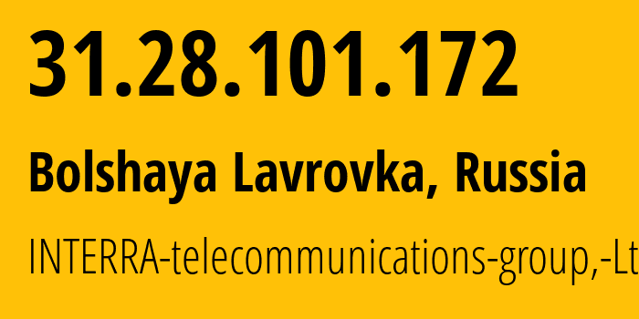 IP address 31.28.101.172 (Bolshaya Lavrovka, Sverdlovsk Oblast, Russia) get location, coordinates on map, ISP provider AS48524 INTERRA-telecommunications-group,-Ltd. // who is provider of ip address 31.28.101.172, whose IP address