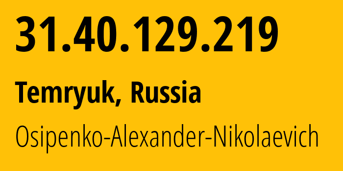 IP address 31.40.129.219 (Temryuk, Krasnodar Krai, Russia) get location, coordinates on map, ISP provider AS59823 Osipenko-Alexander-Nikolaevich // who is provider of ip address 31.40.129.219, whose IP address