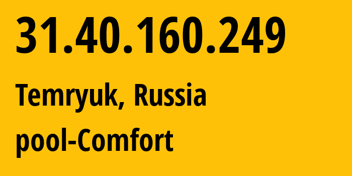 IP-адрес 31.40.160.249 (Темрюк, Краснодарский край, Россия) определить местоположение, координаты на карте, ISP провайдер AS216033 pool-Comfort // кто провайдер айпи-адреса 31.40.160.249