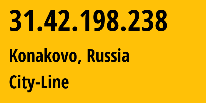 IP address 31.42.198.238 (Konakovo, Tver Oblast, Russia) get location, coordinates on map, ISP provider AS56476 City-Line // who is provider of ip address 31.42.198.238, whose IP address