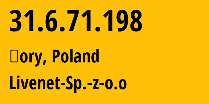IP address 31.6.71.198 (Żory, Silesia, Poland) get location, coordinates on map, ISP provider AS59491 Livenet-Sp.-z-o.o // who is provider of ip address 31.6.71.198, whose IP address