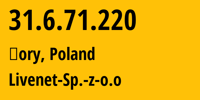 IP-адрес 31.6.71.220 (Жоры, Силезское воеводство, Польша) определить местоположение, координаты на карте, ISP провайдер AS59491 Livenet-Sp.-z-o.o // кто провайдер айпи-адреса 31.6.71.220