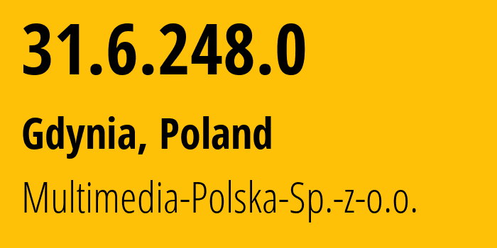 IP-адрес 31.6.248.0 (Гдыня, Поморское воеводство, Польша) определить местоположение, координаты на карте, ISP провайдер AS44643 Multimedia-Polska-Sp.-z-o.o. // кто провайдер айпи-адреса 31.6.248.0