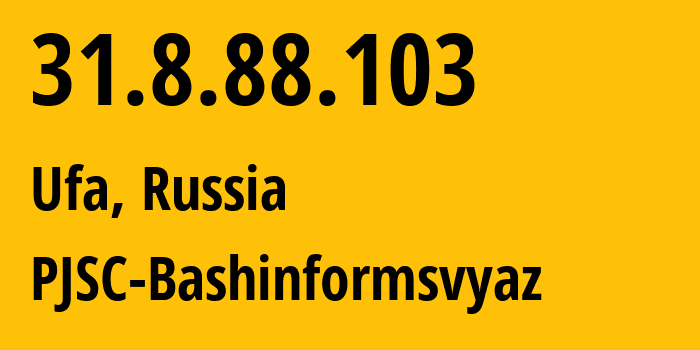 IP address 31.8.88.103 (Ufa, Bashkortostan Republic, Russia) get location, coordinates on map, ISP provider AS28812 PJSC-Bashinformsvyaz // who is provider of ip address 31.8.88.103, whose IP address