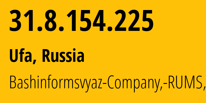 IP address 31.8.154.225 (Ufa, Bashkortostan Republic, Russia) get location, coordinates on map, ISP provider AS28812 Bashinformsvyaz-Company,-RUMS,-DSL // who is provider of ip address 31.8.154.225, whose IP address