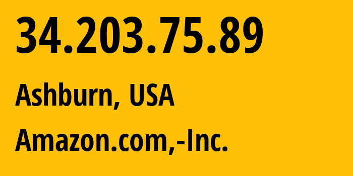 IP-адрес 34.203.75.89 (Ашберн, Виргиния, США) определить местоположение, координаты на карте, ISP провайдер AS14618 Amazon.com,-Inc. // кто провайдер айпи-адреса 34.203.75.89