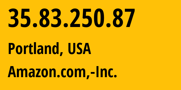 IP-адрес 35.83.250.87 (Портленд, Орегон, США) определить местоположение, координаты на карте, ISP провайдер AS16509 Amazon.com,-Inc. // кто провайдер айпи-адреса 35.83.250.87