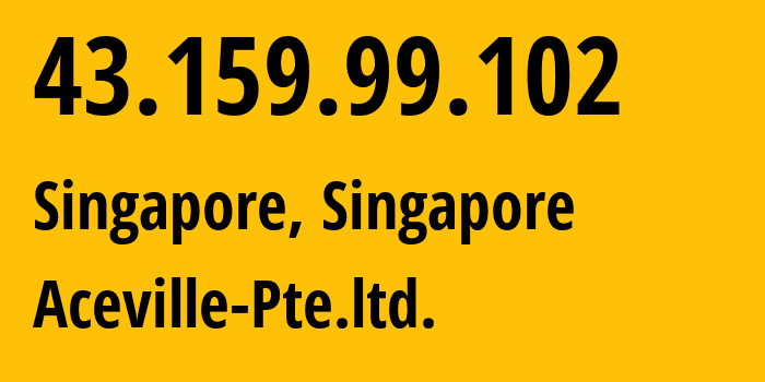 IP-адрес 43.159.99.102 (Сингапур, Central Singapore, Сингапур) определить местоположение, координаты на карте, ISP провайдер AS139341 Aceville-Pte.ltd. // кто провайдер айпи-адреса 43.159.99.102