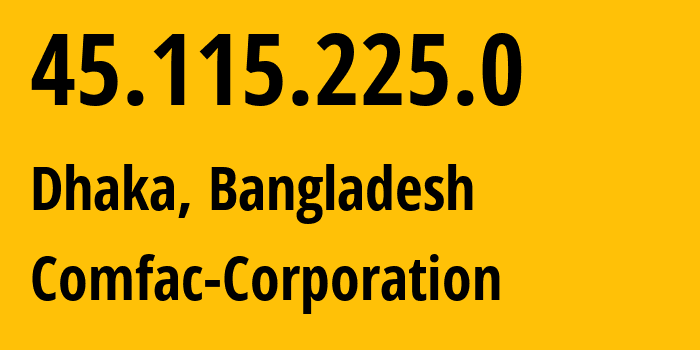 IP address 45.115.225.0 (Dhaka, Dhaka Division, Bangladesh) get location, coordinates on map, ISP provider AS140599 Comfac-Corporation // who is provider of ip address 45.115.225.0, whose IP address