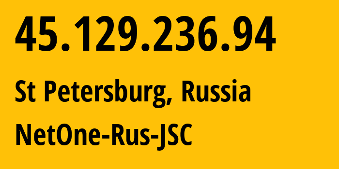 IP-адрес 45.129.236.94 (Санкт-Петербург, Санкт-Петербург, Россия) определить местоположение, координаты на карте, ISP провайдер AS196695 NetOne-Rus-JSC // кто провайдер айпи-адреса 45.129.236.94