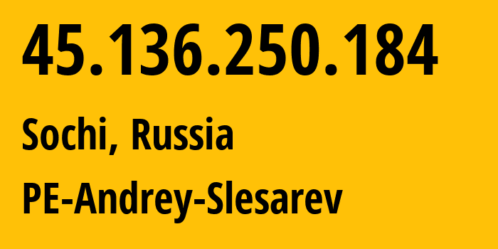 IP address 45.136.250.184 (Sochi, Krasnodar Krai, Russia) get location, coordinates on map, ISP provider AS213348 PE-Andrey-Slesarev // who is provider of ip address 45.136.250.184, whose IP address