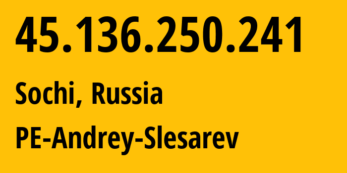 IP-адрес 45.136.250.241 (Сочи, Краснодарский край, Россия) определить местоположение, координаты на карте, ISP провайдер AS213348 PE-Andrey-Slesarev // кто провайдер айпи-адреса 45.136.250.241