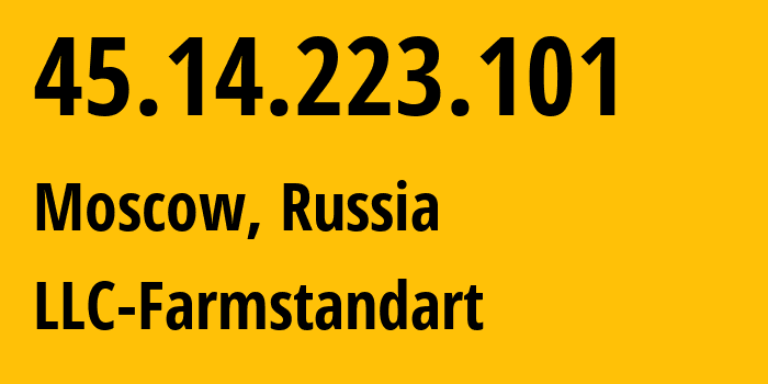 IP address 45.14.223.101 (Dolgoprudny, Moscow Oblast, Russia) get location, coordinates on map, ISP provider AS216203 LLC-Farmstandart // who is provider of ip address 45.14.223.101, whose IP address