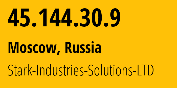 IP address 45.144.30.9 (Moscow, Moscow, Russia) get location, coordinates on map, ISP provider AS44477 Stark-Industries-Solutions-LTD // who is provider of ip address 45.144.30.9, whose IP address