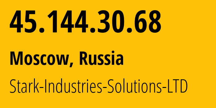 IP address 45.144.30.68 (Moscow, Moscow, Russia) get location, coordinates on map, ISP provider AS44477 Stark-Industries-Solutions-LTD // who is provider of ip address 45.144.30.68, whose IP address