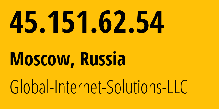 IP address 45.151.62.54 (Moscow, Moscow, Russia) get location, coordinates on map, ISP provider AS207713 Global-Internet-Solutions-LLC // who is provider of ip address 45.151.62.54, whose IP address