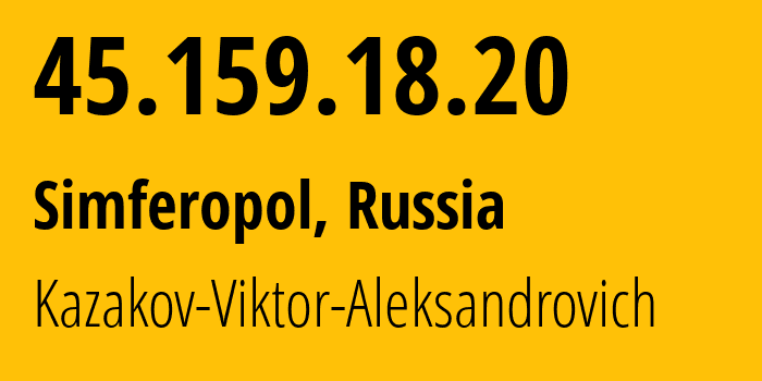 IP-адрес 45.159.18.20 (Симферополь, Республика Крым, Россия) определить местоположение, координаты на карте, ISP провайдер AS200702 Kazakov-Viktor-Aleksandrovich // кто провайдер айпи-адреса 45.159.18.20