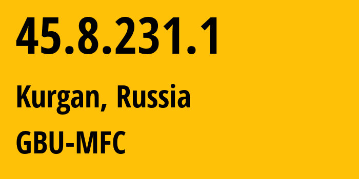 IP address 45.8.231.1 (Kurgan, Kurgan Oblast, Russia) get location, coordinates on map, ISP provider AS58236 GBU-MFC // who is provider of ip address 45.8.231.1, whose IP address