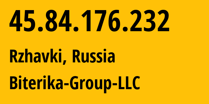 IP address 45.84.176.232 (Rzhavki, Moscow Oblast, Russia) get location, coordinates on map, ISP provider AS35048 Biterika-Group-LLC // who is provider of ip address 45.84.176.232, whose IP address