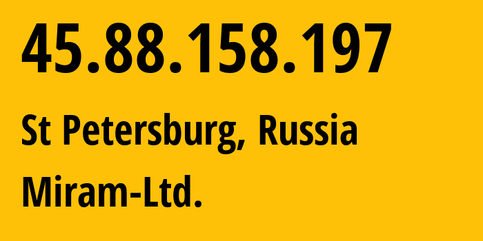 IP-адрес 45.88.158.197 (Санкт-Петербург, Санкт-Петербург, Россия) определить местоположение, координаты на карте, ISP провайдер AS208380 Miram-Ltd. // кто провайдер айпи-адреса 45.88.158.197