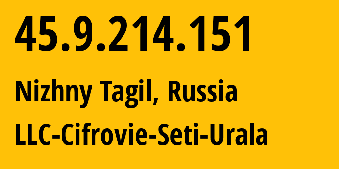 IP address 45.9.214.151 (Nizhny Tagil, Sverdlovsk Oblast, Russia) get location, coordinates on map, ISP provider AS35815 LLC-Cifrovie-Seti-Urala // who is provider of ip address 45.9.214.151, whose IP address