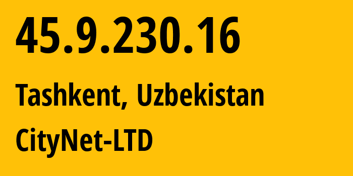 IP address 45.9.230.16 (Tashkent, Tashkent, Uzbekistan) get location, coordinates on map, ISP provider AS209033 CityNet-LTD // who is provider of ip address 45.9.230.16, whose IP address