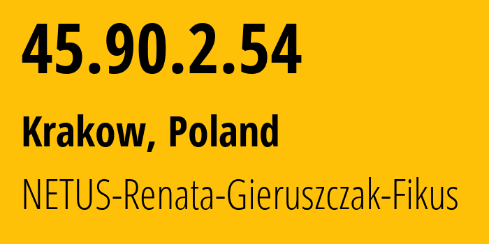 IP-адрес 45.90.2.54 (Краков, Малопольское воеводство, Польша) определить местоположение, координаты на карте, ISP провайдер AS203140 NETUS-Renata-Gieruszczak-Fikus // кто провайдер айпи-адреса 45.90.2.54