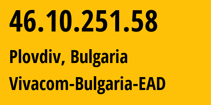 IP-адрес 46.10.251.58 (Пловдив, Plovdiv, Болгария) определить местоположение, координаты на карте, ISP провайдер AS8866 Vivacom-Bulgaria-EAD // кто провайдер айпи-адреса 46.10.251.58