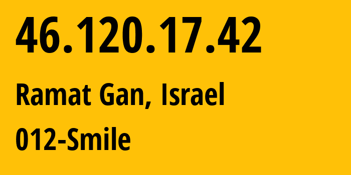 IP-адрес 46.120.17.42 (Рамат-Ган, Тель-Авивский округ, Израиль) определить местоположение, координаты на карте, ISP провайдер AS12400 012-Smile // кто провайдер айпи-адреса 46.120.17.42